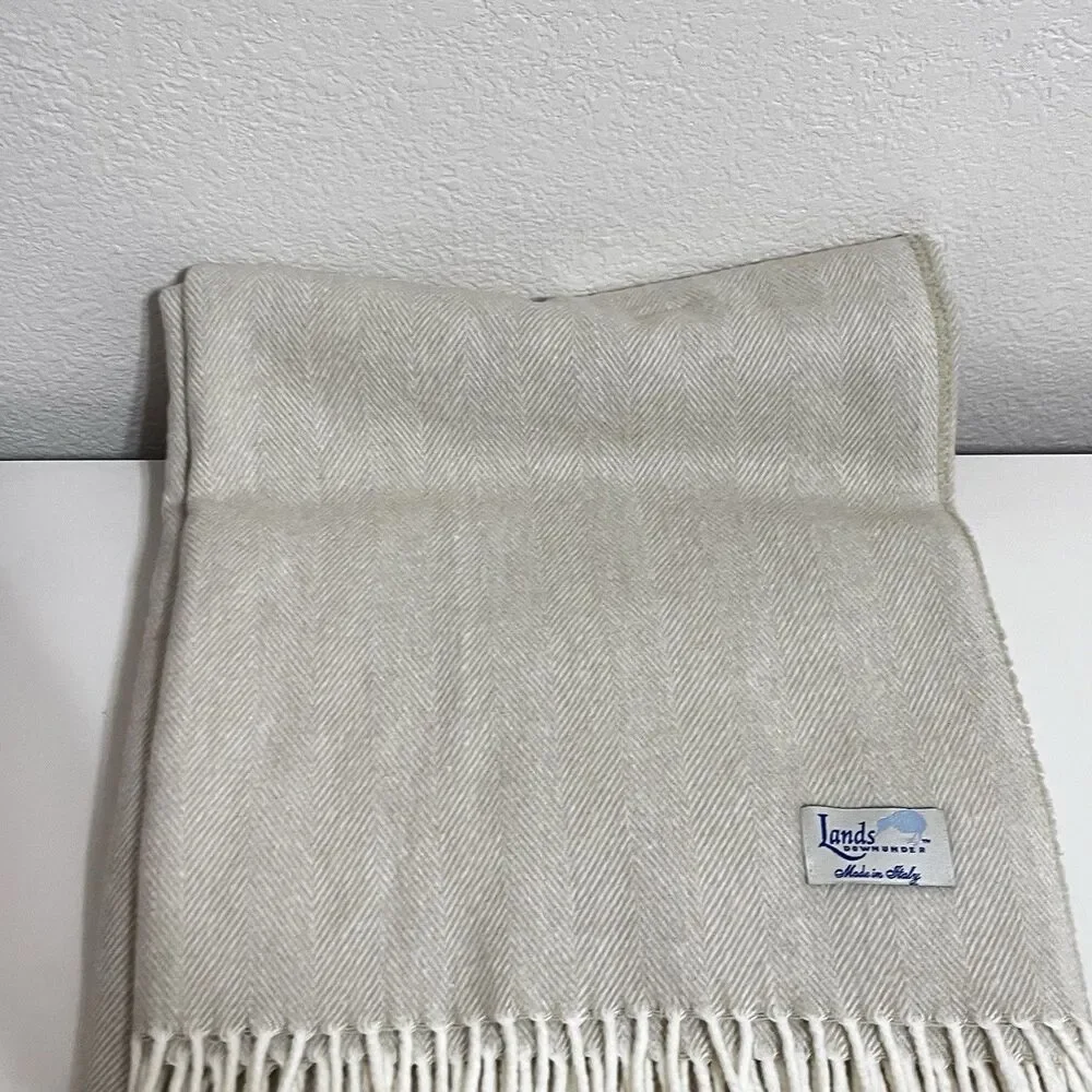 Lands Downunder Italian Herringbone Fringed Beige Throw Blanket Soft Italy